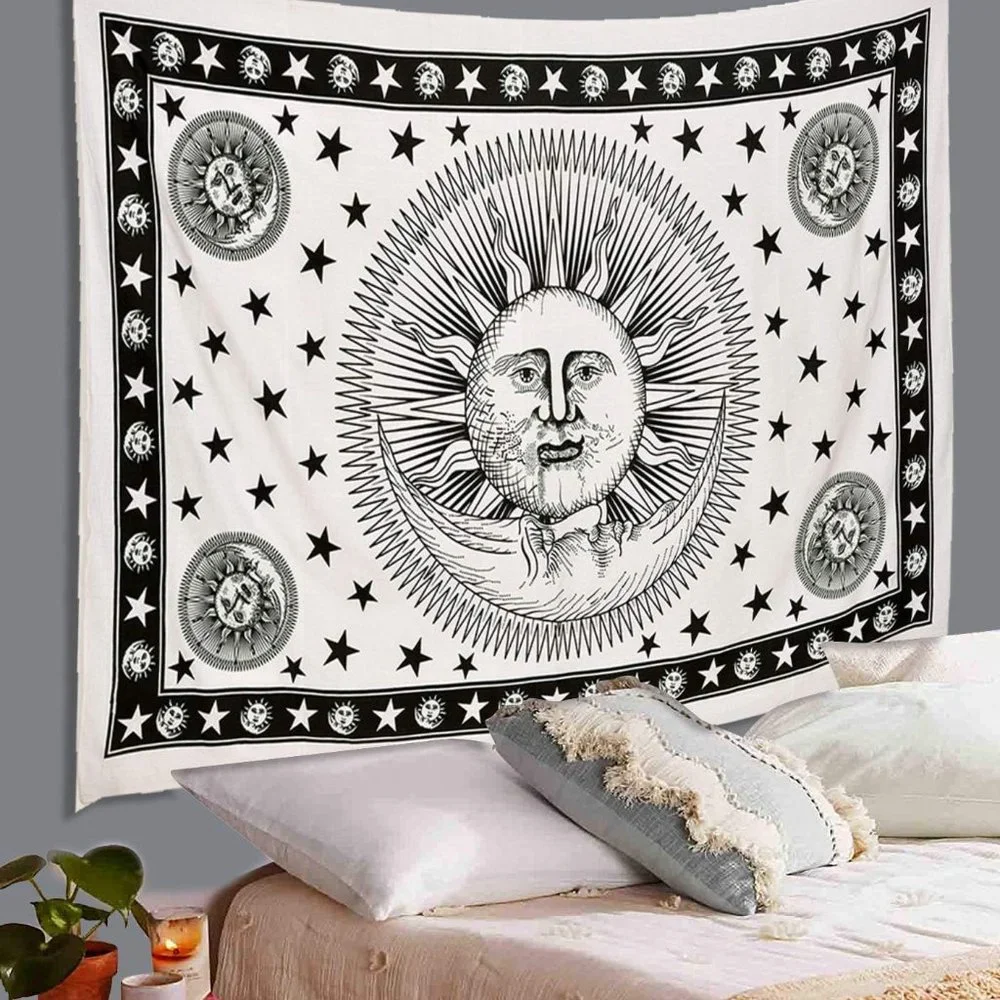 NEW Cotton Tapestry Black White Sun Star Moon Celestial Universe Boho Bohemian